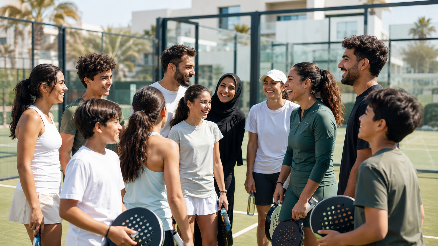 A joyful multicultural padel community of adults and young players in Dubai