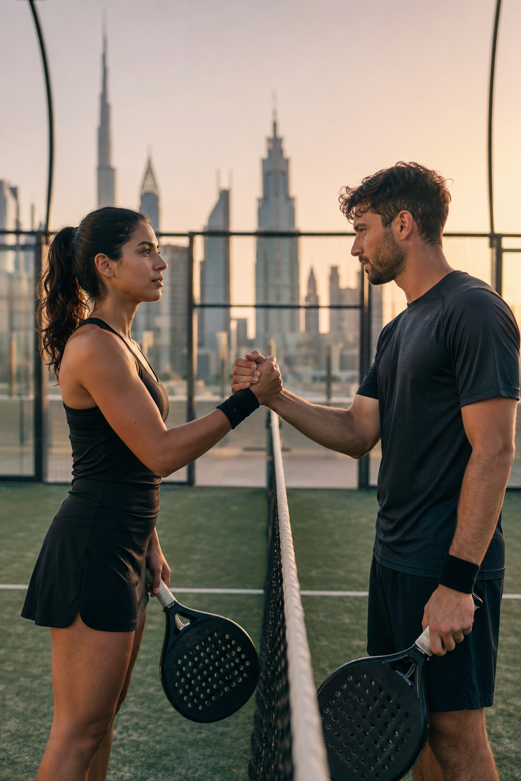 Two competitive padel players showing respect at the net after a match
